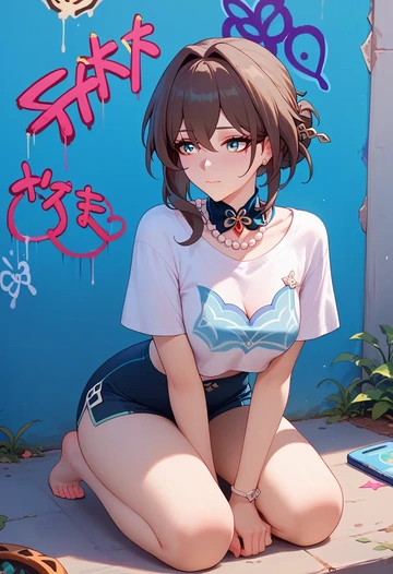 star rail,ruan mei,crop graffiti tee,dolphin shorts  - AI generated anime art